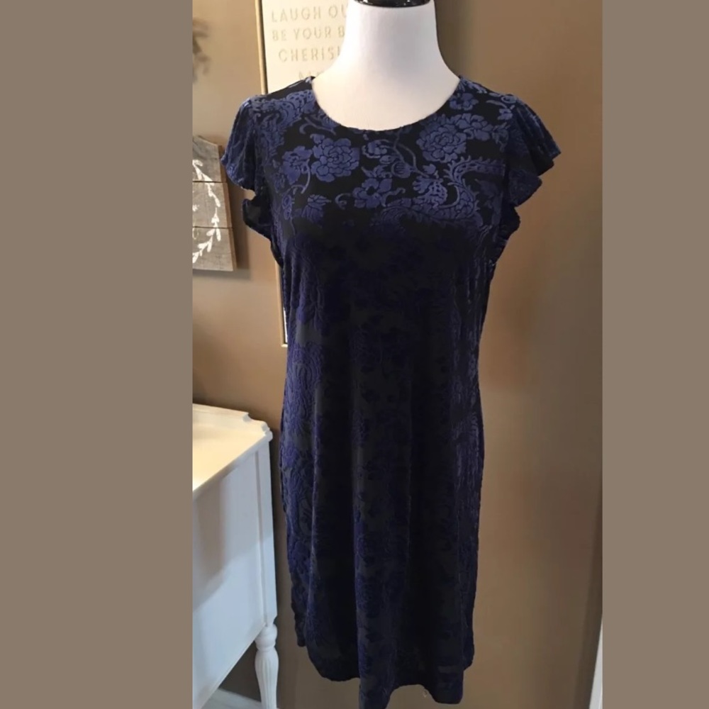 Adrienne Vittadini Navy Floral Velvet Dress Short